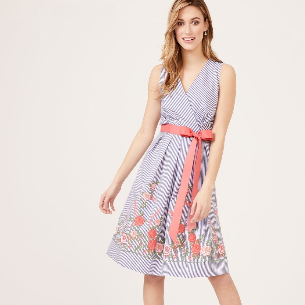 Chetta B Stripe Print Floral Embroidery Dress